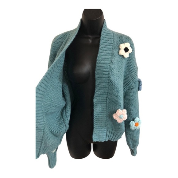 Blue Crochet embroidered blue white pink rosebuds open‎ front oversized cardigan - Picture 7 of 17